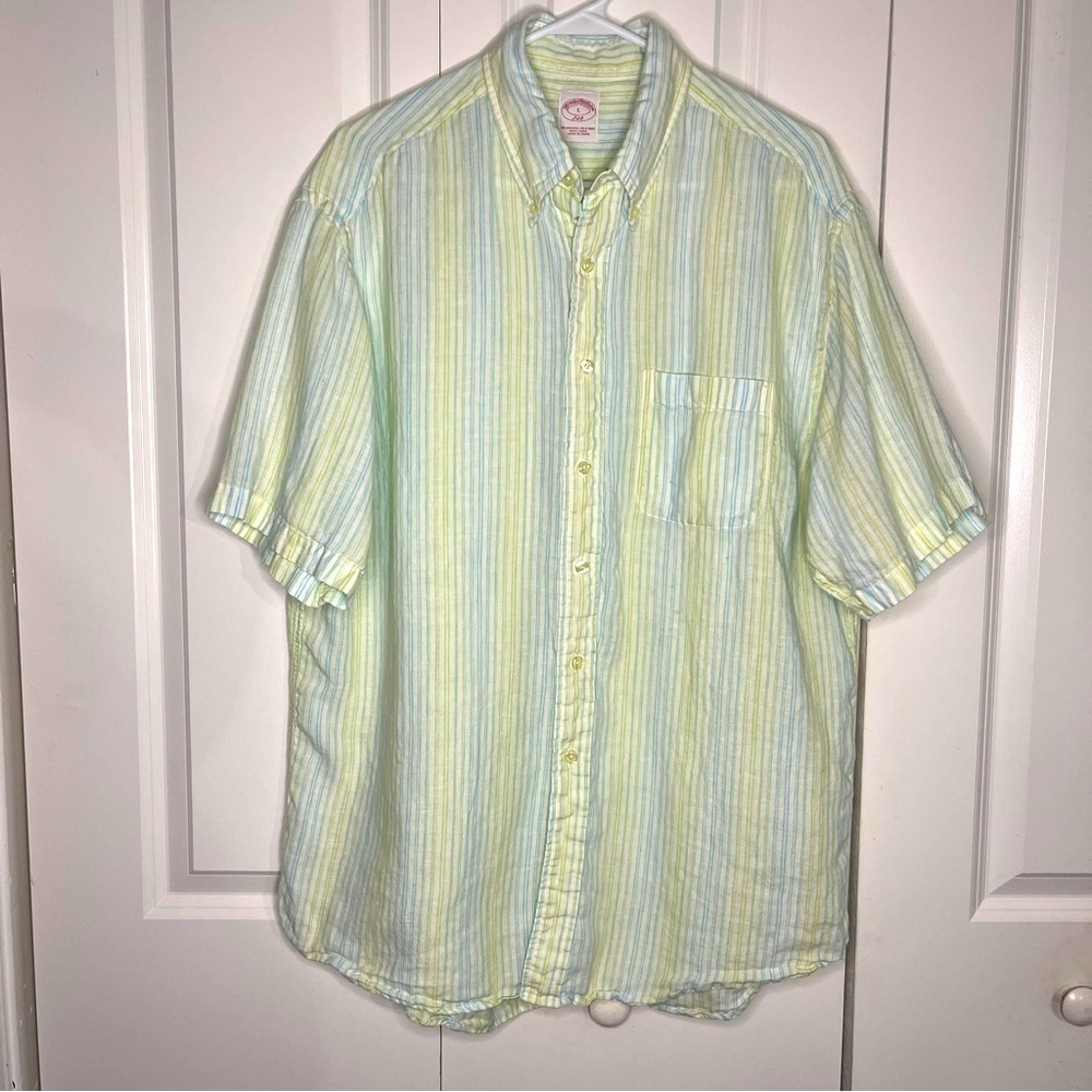 Brooks Brothers 346 100% Linen Large Green Blue Stripe Short Sleeve Button Up